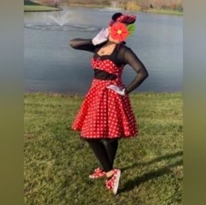 Slvls Lace Neckline Pin-Up Rockabilly Black Polka-dot Print Midi Swing Dress Red